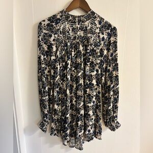 Free People Flowers in Her Hair Blue and White Floral Smocked-Yoke Blouse